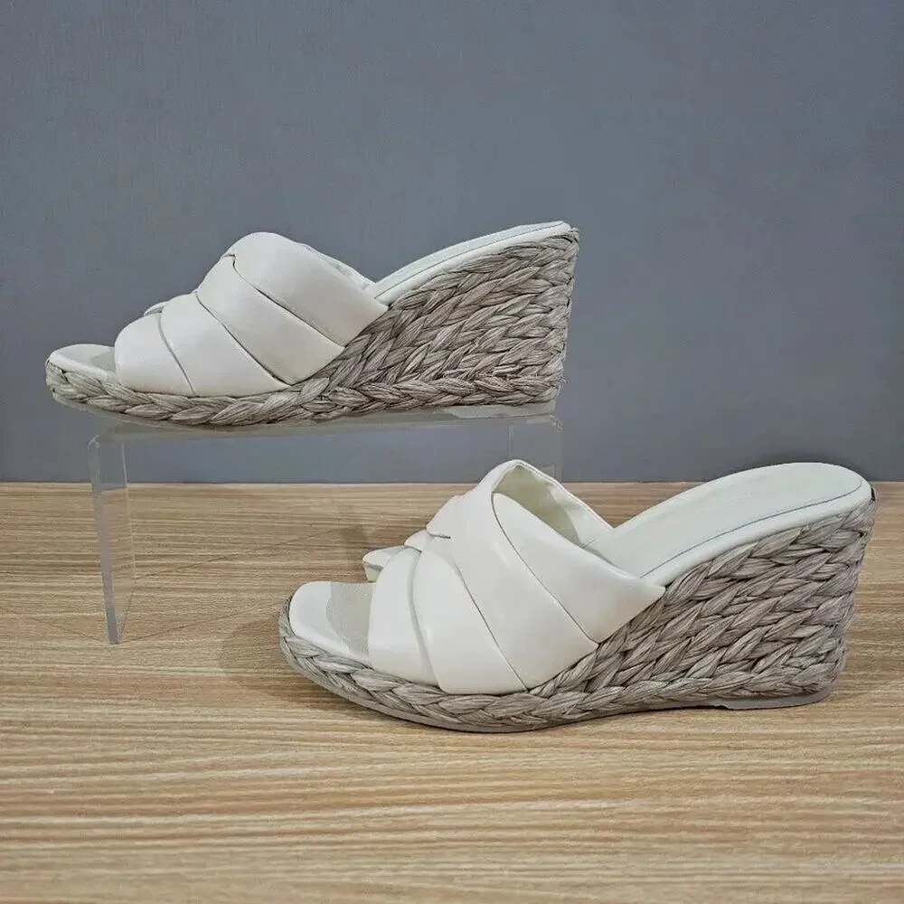 NEW Vince Gilian Woven Espadrille Wedge Sandal Marble Cream Size 8